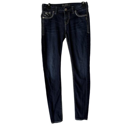 Silver Jeans Suki Super Skinny Jeans Womens 27x33 Dark Wash Stretch Embroidered - Picture 1 of 11